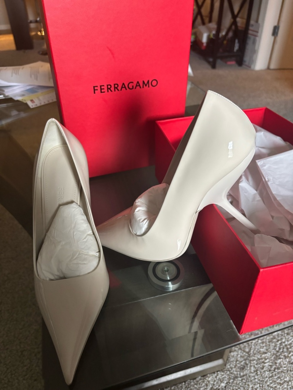 Salvatore Ferragamo Cream Patent Leather Pointed Toe Stiletto Pumps